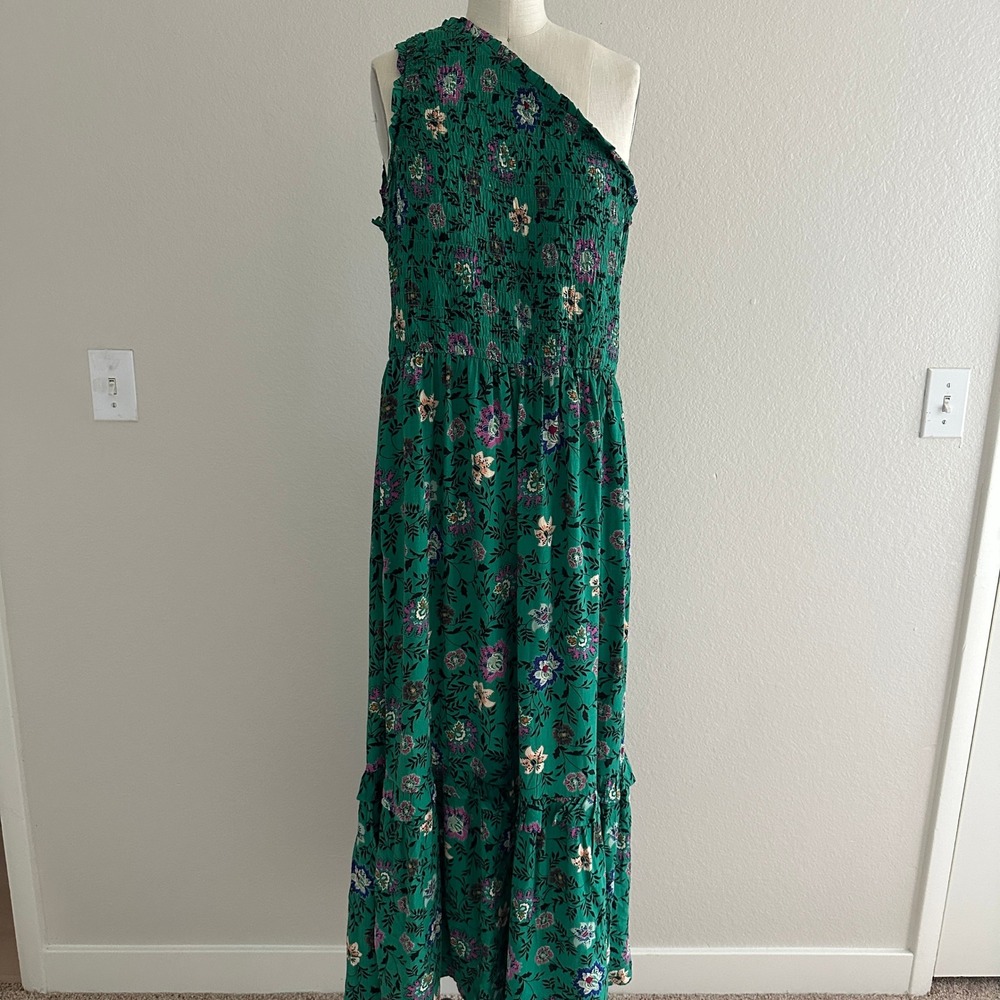 Knox Rose One Shoulder Maxi Dress Large Green Floral Smocked Tiered Boho